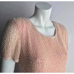 Oleg Cassini Knee-Length Pink Short Sleeve Dress with Pearl Embellishments